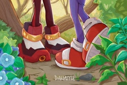 Size: 1280x857 | Tagged: safe, artist:danaiyu, shadow the hedgehog, sonic the hedgehog, 2026, bush, daytime, duo, flower, gay, leaf, outdoors, plant, rock, shadow x sonic, shipping, signature, standing, treads, tree branch