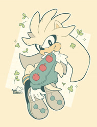 Size: 1518x2001 | Tagged: safe, artist:amesushu, silver the hedgehog, 2026, alternate outfit, apple, clothes, flat colors, kneeling, leaf, looking at viewer, looking back, looking back at viewer, sitting, smile, solo, sweater, treads