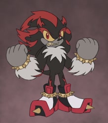 Size: 994x1133 | Tagged: safe, artist:itoruna-the-platypus, shadow the hedgehog, 2023, clenched fists, clenched teeth, fangs, flat colors, gradient background, looking at viewer, sharp teeth, solo, spiked bracelet, standing, were form, werehog