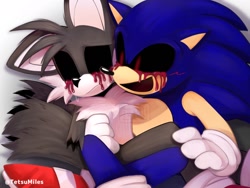 Size: 1280x960 | Tagged: safe, artist:tetsuchibimori, miles "tails" prower, sonic the hedgehog, oc, oc:sonic.exe, oc:tails.exe, fox, hedgehog, 2026, age difference, black sclera, bleeding, bleeding from eyes, blood, duo, frown, gay, mouth open, shipping, simple background, sitting, smile, sonic x tails, watermark, white background