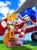Size: 1530x2048 | Tagged: safe, artist:arts_evo, miles "tails" prower, sonic the hedgehog, fox, hedgehog, 2026, age difference, alternate outfit, bodysuit, boots, clouds, daytime, duo, gender swap, grass, half r63 shipping, looking at them, outdoors, screwdriver, shipping, sitting, smile, sonic x tails, stain, standing, straight, tornado i