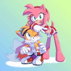 Size: 3000x3000 | Tagged: safe, artist:la_gata_golosa_, miles "tails" prower, amy x tails, blushing, goggles, rosemint, shorts, tailamy, workout outfit