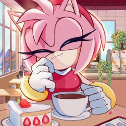 Size: 2048x2048 | Tagged: safe, artist:louthecat3, amy rose, shadow the hedgehog, sonic the hedgehog, cafe, cake, coffee, strawberry shortcake (food)