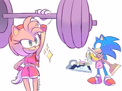 Size: 4000x3000 | Tagged: safe, artist:shadow3love, amy rose, sonic the hedgehog, apron, broom, dishwashing, female, male, shorts, sparkles, sweatdrop, weightlifting, workout outfit