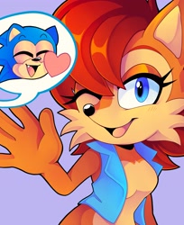 Size: 2983x3650 | Tagged: safe, artist:merlotart, sally acorn, sonic the hedgehog, chipmunk, hedgehog, 2024, female, happy, heart, male, purple background, sally x sonic, sally's vest and boots, shipping, simple background, solo, straight, waving, wink