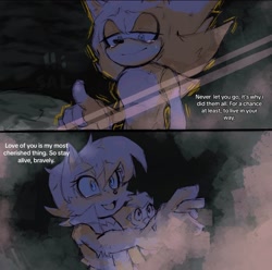 Size: 946x939 | Tagged: safe, artist:seo0999, sally acorn, sonic the hedgehog, chipmunk, hedgehog, 2023, black and white, crying, duo focus, english text, female, male, sally x sonic, sally's vest and boots, shipping, straight, tears, trio, unknown character