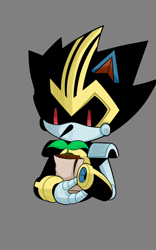 Size: 1000x1600 | Tagged: safe, artist:cephalosaur, shard the metal, 2020, bust, grey background, holding something, male, plant, robot, shoes, simple background, solo