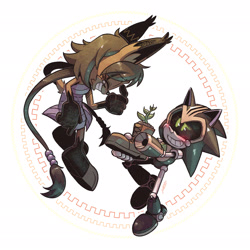 Size: 2048x2048 | Tagged: safe, artist:cephalosaur, nicole the hololynx, shard the metal, lynx, 2024, blushing, duo, female, holding something, male, nicole x shard, nicole's purple wraps, plant, robot, shipping, shoes, straight, tears, tears of happiness