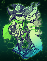 Size: 1280x1656 | Tagged: safe, artist:theblueskyphoenix, nicole the hololynx, shard the metal, lynx, 2025, alternate outfit, clothes, duo, eyes closed, female, floating, hololynx, male, nicole x shard, robot, scarf, shipping, snuggling, straight