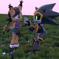 Size: 1920x1920 | Tagged: safe, artist:rotalice2, nicole the hololynx, shard the metal, lynx, 2026, 3d, alternate outfit, blender, duo, female, field, grass, grass field, holding hands, looking at each other, male, nicole x shard, outdoors, robot, shipping, straight