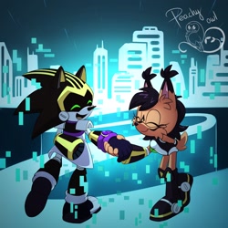 Size: 2048x2048 | Tagged: safe, artist:peachy_owl, nicole the hololynx, shard the metal, lynx, 2023, building, city, cityscape, duo, eyes closed, female, happy, holding hands, male, mouth open, nicole x shard, open smile, outfit swap, robot, shipping, skyscraper, smile, straight