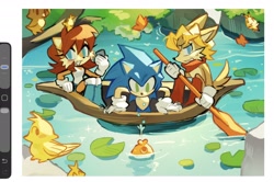 Size: 2048x1356 | Tagged: safe, artist:candleyy, antoine d'coolette, nicole the handheld, sally acorn, sonic the hedgehog, bird, chipmunk, coyote, hedgehog, 2026, alternate outfit, boat, butterfly, female, fish, flying, grin, group, holding something, lake, lilypad, literal animal, male, no pupils, pond, scarf, sitting, smile, tree, trio focus, vehicle, water