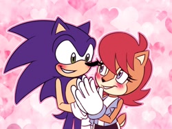 Size: 1034x773 | Tagged: safe, artist:lady_axolotl04, sally acorn, sonic the hedgehog, chipmunk, hedgehog, 2025, abstract background, alternate universe, blushing, duo, female, heart, heart background, looking at each other, male, outline, sally x sonic, sally's ringblader outfit, shipping, straight