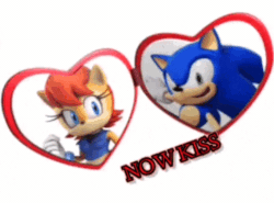 Size: 484x358 | Tagged: safe, artist:lu0087, sally acorn, sonic the hedgehog, chipmunk, hedgehog, 3d, duo, english text, female, gif, heart locket, male, meme, now kiss, sally x sonic, sally's ringblader outfit, shipping, simple background, straight