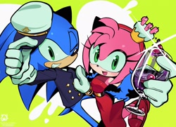 Size: 2048x1485 | Tagged: safe, artist:0ni91ri, amy rose, sonic the hedgehog, the murder of sonic the hedgehog, 2025, abstract background, amy x sonic, cup, drink, duo, glass, green background, grin, hand on another's chest, hat, holding something, looking at viewer, mouth open, shipping, smile, straight, wink