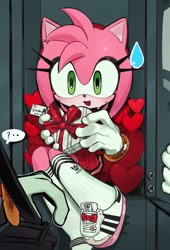 Size: 1391x2048 | Tagged: safe, artist:0ni91ri, amy rose, shadow the hedgehog, 2025, alternate outfit, amy x shadow, blushing, box, chocolate box, duo, english text, heart, holding something, locker, looking at viewer, mouth open, open smile, school, ship name, sitting, smile, smiling at viewer, solo focus, speech bubble, straight, sweatdrop
