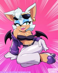 Size: 792x1000 | Tagged: safe, artist:mikeluckas, rouge the bat, abstract background, chest fluff, glasses, gradient background, lidded eyes, looking offscreen, mouth open, open smile, pants, pink background, posing, sitting, smile, solo, speed lines