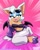 Size: 792x1000 | Tagged: safe, artist:mikeluckas, rouge the bat, abstract background, chest fluff, glasses, gradient background, lidded eyes, looking offscreen, mouth open, open smile, pants, pink background, posing, sitting, smile, solo, speed lines