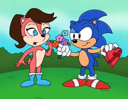 Size: 2048x1582 | Tagged: safe, artist:slysonic, sally acorn, sonic the hedgehog, chipmunk, hedgehog, 2026, blushing, bush, classic sally, classic sonic, daytime, duo, female, flower, heart shape box, holding something, male, sally x sonic, shipping, sonic satam, straight, valentine's day