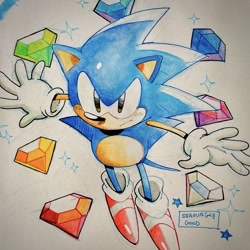 Size: 1165x1166 | Tagged: safe, artist:seaminglygood, sonic the hedgehog, hedgehog, 2026, arms out, chaos emerald, classic sonic, looking offscreen, male, signature, solo, solo male, sparkles, star (symbol), traditional media