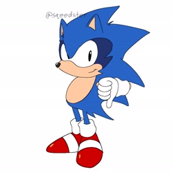Size: 2048x2048 | Tagged: safe, artist:speedster_art, sonic the hedgehog, hedgehog, 2026, flat colors, fur markings, looking at viewer, male, redesign, signature, simple background, solo, solo male, standing, thumbs down, white background
