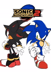 Size: 1446x2048 | Tagged: safe, artist:5d_yk5302, shadow the hedgehog, sonic the hedgehog, hedgehog, sonic adventure 2, 2026, clenched fist, duo, duo male, flat colors, frown, looking at viewer, male, males only, simple background, sketch, smile, standing, white background