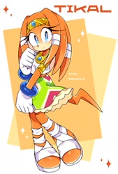 Size: 1181x1748 | Tagged: safe, artist:akanexx_21, tikal, echidna, 2026, character name, english text, female, frown, looking at viewer, solo, solo female, sparkles, standing, text