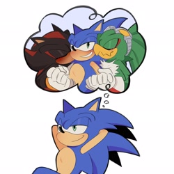 Size: 2048x2048 | Tagged: safe, artist:tenderandmilder, jet the hawk, shadow the hedgehog, sonic the hedgehog, bird, hedgehog, 2026, blushing, gay, holding hands, jet x shadow x sonic, jet x sonic, lidded eyes, male, polyamory, shadow x sonic, shipping, simple background, smile, solo, solo male, thinking, thought bubble, white background