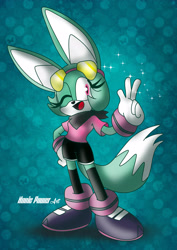 Size: 2480x3508 | Tagged: safe, artist:nonicpower, sonar the fennec, 2023, abstract background, female, fennec, hand on hip, looking at viewer, mouth open, open smile, signature, smile, solo, solo female, sparkles, standing, v sign, wink