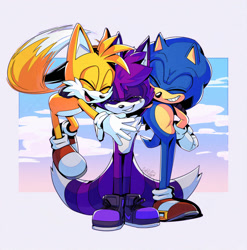 Size: 1280x1298 | Tagged: safe, artist:cat-rage, miles "tails" prower, sonic the hedgehog, oc, oc:alvis winter the fox, fox, hedgehog, 2024, clenched teeth, clouds, crying, eyes closed, flying, hugging, male, males only, mid-air, mouth open, smile, spinning tails, standing, tears, tears of happiness, trio, trio male, two tails