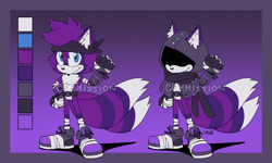 Size: 1024x616 | Tagged: safe, artist:cat-rage, oc, oc:alvis winter the fox, fox, 2024, belt, clothes, color palette, duality, flat colors, gradient background, headscarf, hood, looking at viewer, male, oc only, poncho, scarf, smile, solo, solo male, two tails
