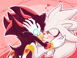 Size: 1024x768 | Tagged: safe, artist:8-minly-8, shadow the hedgehog, silver the hedgehog, hedgehog, 2018, blushing, duo, duo male, gay, heart, holding each other, kiss, lidded eyes, looking at each other, male, outline, shadow x silver, shipping, signature, smile