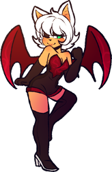 Size: 538x819 | Tagged: safe, artist:witheringxheights, rouge the bat, bat, 2018, alternate hairstyle, alternate outfit, blushing, boots, cleavage, female, heart nose, lidded eyes, simple background, smile, solo, solo female, transparent background, wink