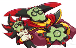 Size: 2047x1298 | Tagged: safe, artist:vulcan-moon, black doom, shadow the hedgehog, hedgehog, 2024, alien, cucumber, doom's eye, father and child, father and son, hands together, lying down, male, males only, self paradox, simple background, trio, trio male, white background