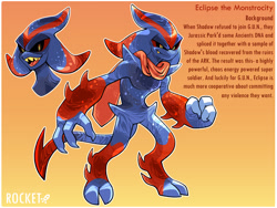 Size: 2048x1536 | Tagged: safe, artist:rustedrocket, eclipse the darkling, 2024, alien, black sclera, border, cape, character name, claws, english text, gradient background, outline, redesign, sharp teeth, signature, smile, solo, standing, text