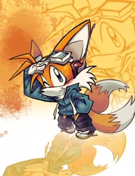 Size: 2550x3300 | Tagged: safe, artist:jojoleafy1234, miles "tails" prower, fox, 2026, blushing, clothes, cute, echo background, eyewear on head, fully clothed, goggles, goggles on head, hand in pocket, jacket, looking at viewer, male, pants, salute, shoelaces, smile, solo, standing, tailabetes, untied shoelace, wink
