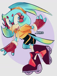 Size: 1280x1707 | Tagged: safe, artist:cometbird, oc, oc:papaya the bird, bird, 2020, beanbrows, clothes, female, fingerless gloves, hoodie, looking back, looking offscreen, mouth open, oc only, rollerskates, shorts, skating, smile, solo, solo female