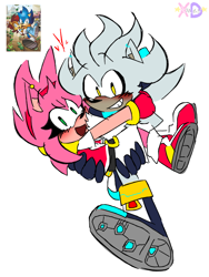 Size: 960x1280 | Tagged: safe, artist:rowanxd, amy rose, silver the hedgehog, hedgehog, blushing, carrying them, clenched teeth, duo, female, flat colors, heart, holding each other, looking at viewer, male, mouth open, open smile, redraw, reference inset, running, shipping, silvamy, simple background, sketch, smile, straight, treads, white background