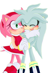 Size: 2000x3000 | Tagged: safe, artist:shadipse, amy rose, silver the hedgehog, hedgehog, 2015, amybetes, blushing, cute, duo, eyes closed, female, holding hands, looking at them, male, shipping, silvabetes, silvamy, simple background, smile, standing, straight, white background