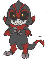 Size: 399x507 | Tagged: safe, artist:mannequinkitty, eclipse the darkling, 2014, adorascary, alien, black sclera, claws, clenched teeth, glowing eyes, looking at viewer, male, sharp teeth, simple background, smile, solo, standing, white background