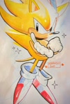 Size: 1385x2048 | Tagged: safe, artist:seaminglygood, sonic the hedgehog, super sonic, hedgehog, 2026, arms folded, flying, looking at viewer, male, mid-air, no mouth, pointing, signature, solo, sparkles, super form, traditional media