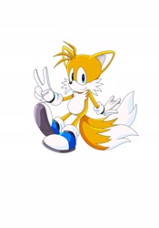 Size: 1434x2048 | Tagged: safe, artist:amarblueblur, miles "tails" prower, fox, 2025, alternate version, blue shoes, looking at viewer, simple background, smile, solo, solo male, traced, treads, v sign, white background
