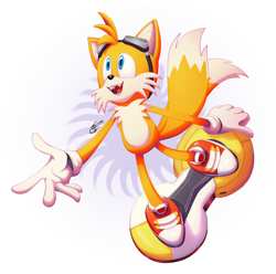 Size: 640x634 | Tagged: safe, artist:lim0-nes, miles "tails" prower, sonic riders: zero gravity, cute, extreme gear, fangs, goggles, holding something, looking offscreen, looking up, mouth open, open smile, signature, smile, solo, tailabetes