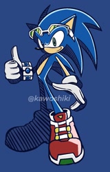 Size: 785x1230 | Tagged: safe, artist:kawoshiki, sonic the hedgehog, hedgehog, sonic riders: zero gravity, 2019, blue background, eyewear on head, glasses, gravity band, looking at viewer, male, redraw, riders style, signature, simple background, smile, solo, style emulation, thumbs up