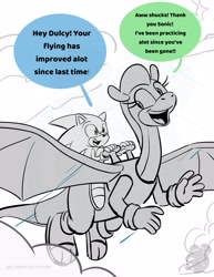 Size: 2550x3300 | Tagged: safe, artist:twincubcakes, dulcy the dragon, sonic the hedgehog, hedgehog, 2026, clouds, daytime, dialogue, dragon, duo, english text, female, flying, greyscale, male, speech bubble, watermark