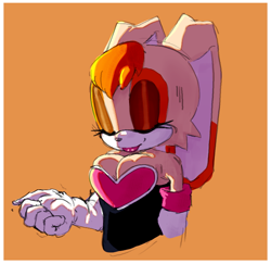 Size: 668x648 | Tagged: safe, artist:ihatebanajas, vanilla the rabbit, eyes closed, orange background, outfit swap, rouge's heart top, simple background, solo