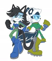 Size: 1771x2048 | Tagged: safe, artist:melodyclers, geoffrey st. john, hershey the cat, cat, skunk, 2024, clothes, duo, female, fist, fully clothed, glasses, male, pose, simple background, smile, white background