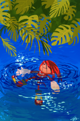 Size: 1672x2500 | Tagged: safe, artist:lemonade-pop, knuckles the echidna, 2026, eyes closed, floating, plant, shadow (lighting), smile, solo, water