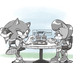 Size: 1123x970 | Tagged: safe, artist:fliviartoon, sally acorn, sonic the hedgehog, chipmunk, hedgehog, 2022, chair, chili dog, drink, duo, female, food, greyscale, hot dog, looking at each other, male, sally x sonic, sally's ringblader outfit, shipping, sitting, soda, straight, table, talking