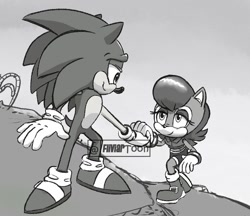 Size: 1172x1013 | Tagged: safe, artist:fliviartoon, sally acorn, sonic the hedgehog, chipmunk, hedgehog, 2022, daytime, duo, female, greyscale, helping each other, hill, holding hands, male, sally x sonic, sally's ringblader outfit, shipping, smile, straight